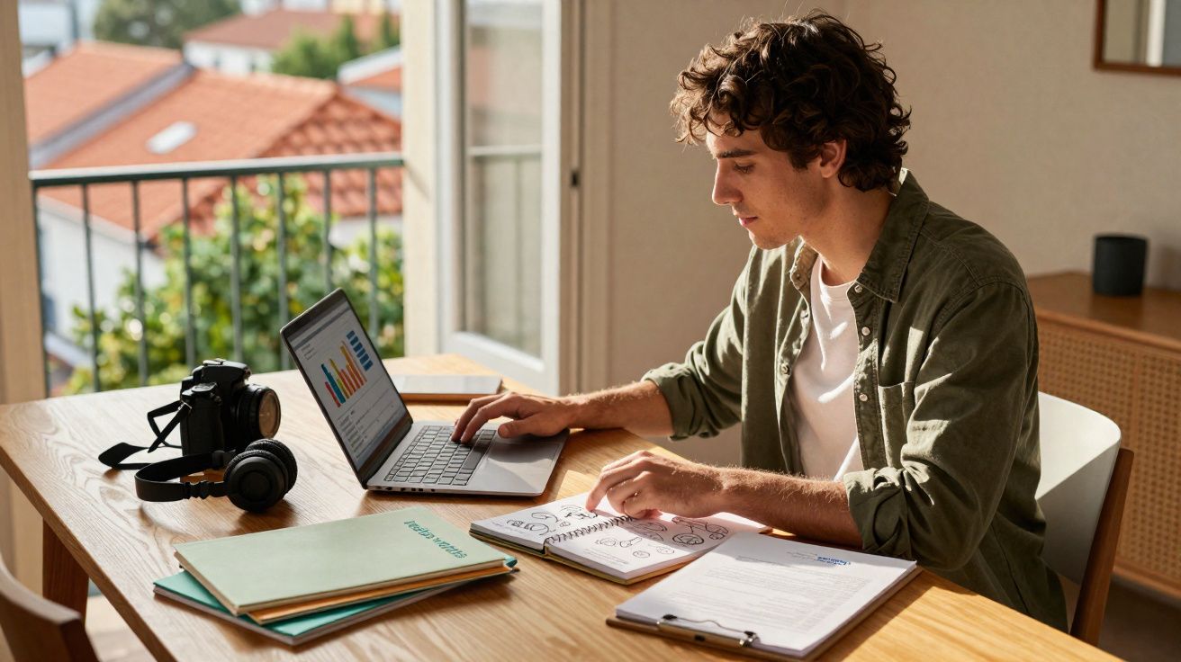 Jovem sentado a trabalhar num portátil numa mesa com cadernos, gráficos e equipamentos de fotografia.