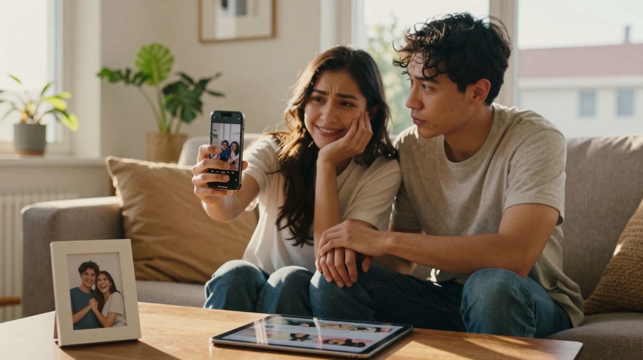 Casal sentado no sofá a tirar uma selfie com smartphone, com tablet e foto deles na mesa à frente.