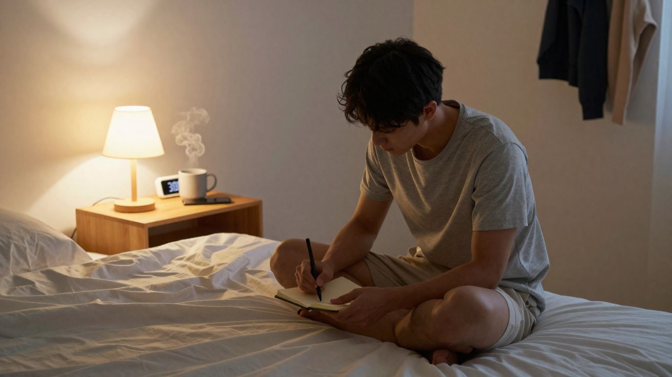 Homem sentado na cama a escrever num caderno, com luz suave e caneca fumegante numa mesa de cabeceira.