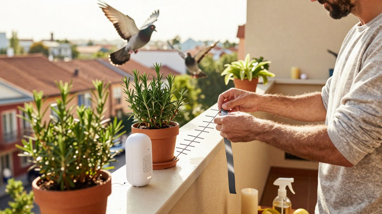 Homem a colocar fita adesiva no parapeito de varanda com plantas em vasos e pombos a voar ao fundo.