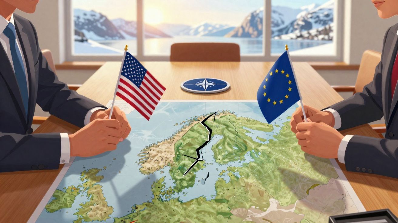 Duas pessoas com bandeiras dos EUA e UE ao lado de mapa com linha preta e símbolo da NATO numa sala com vista para montanhas.