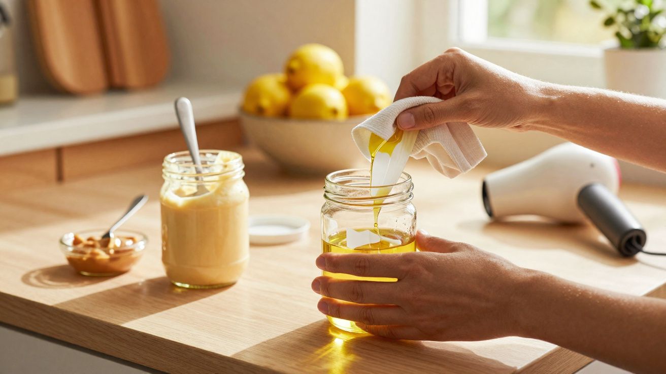 Mãos a espremer limão para dentro de frasco com líquido amarelo numa bancada de cozinha iluminada.