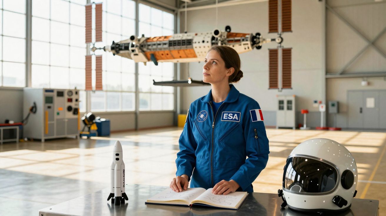 Astronauta da ESA em uniforme azul num laboratório, com capacete e modelo de foguetão na mesa à frente.