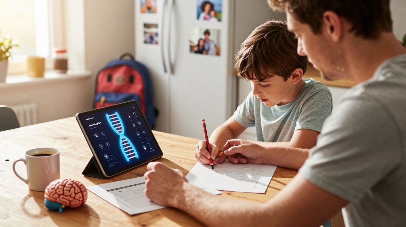 Pai ajuda filho a fazer os trabalhos de casa à mesa, com tablet mostrando imagem de ADN e modelo de cérebro em cima.