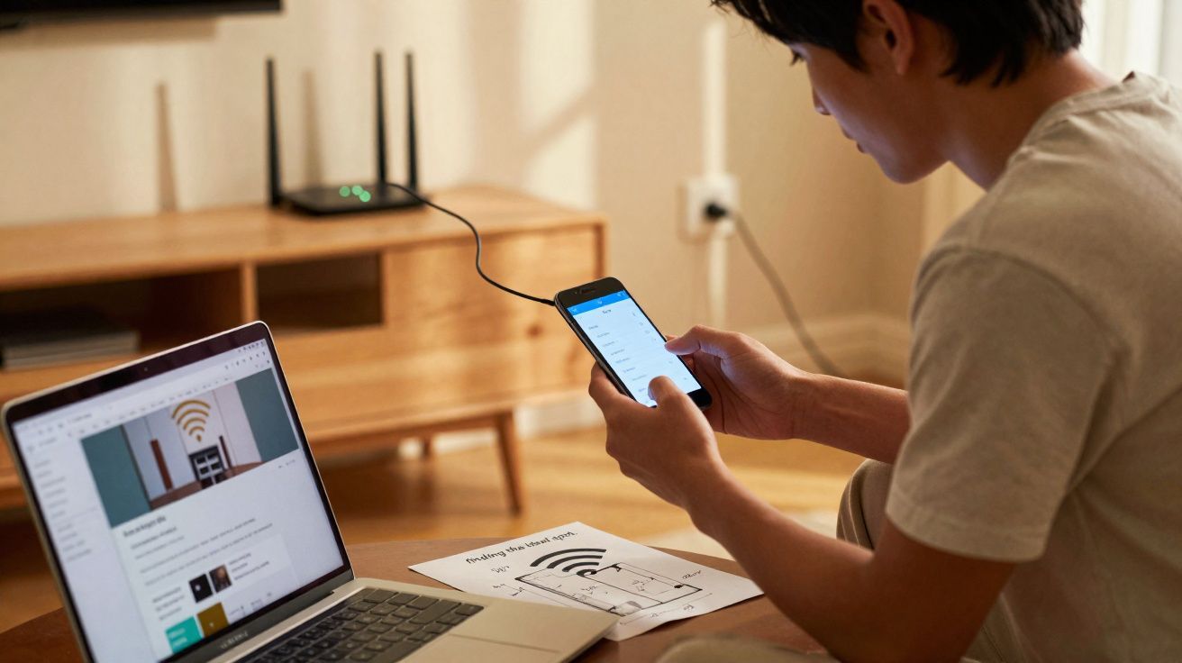 Pessoa a conectar smartphone a router Wi-Fi para configurar rede em casa, com portátil e instruções numa mesa.