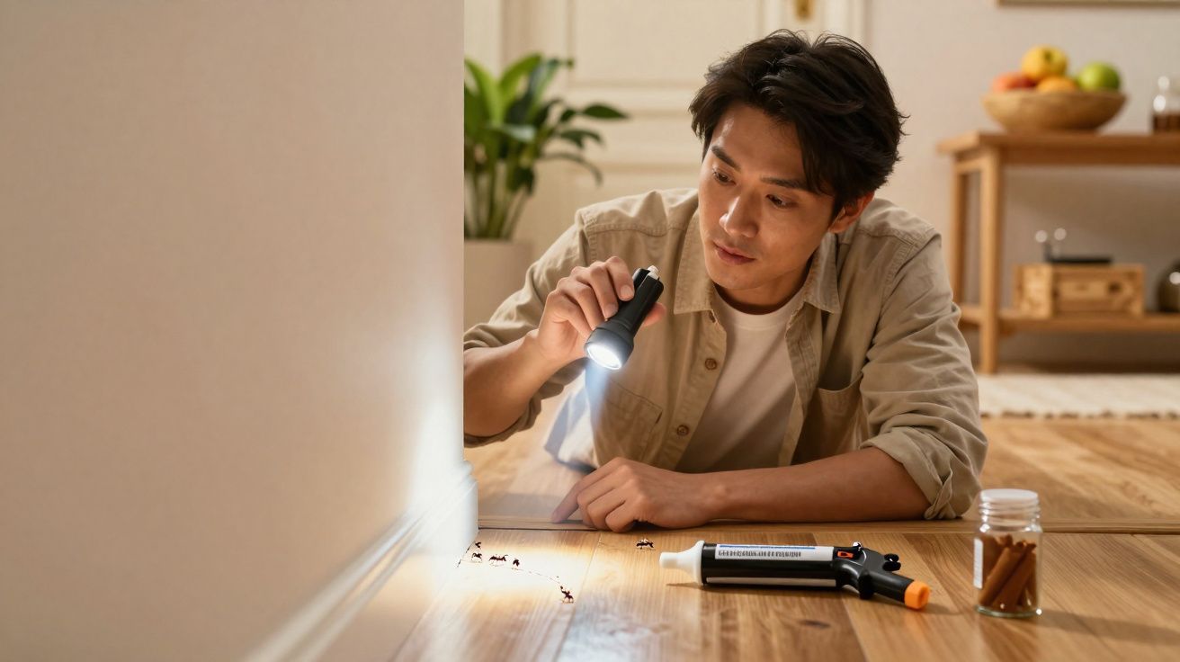 Homem verifica formigas no chão usando lanterna e spray de inseticida numa sala de madeira.