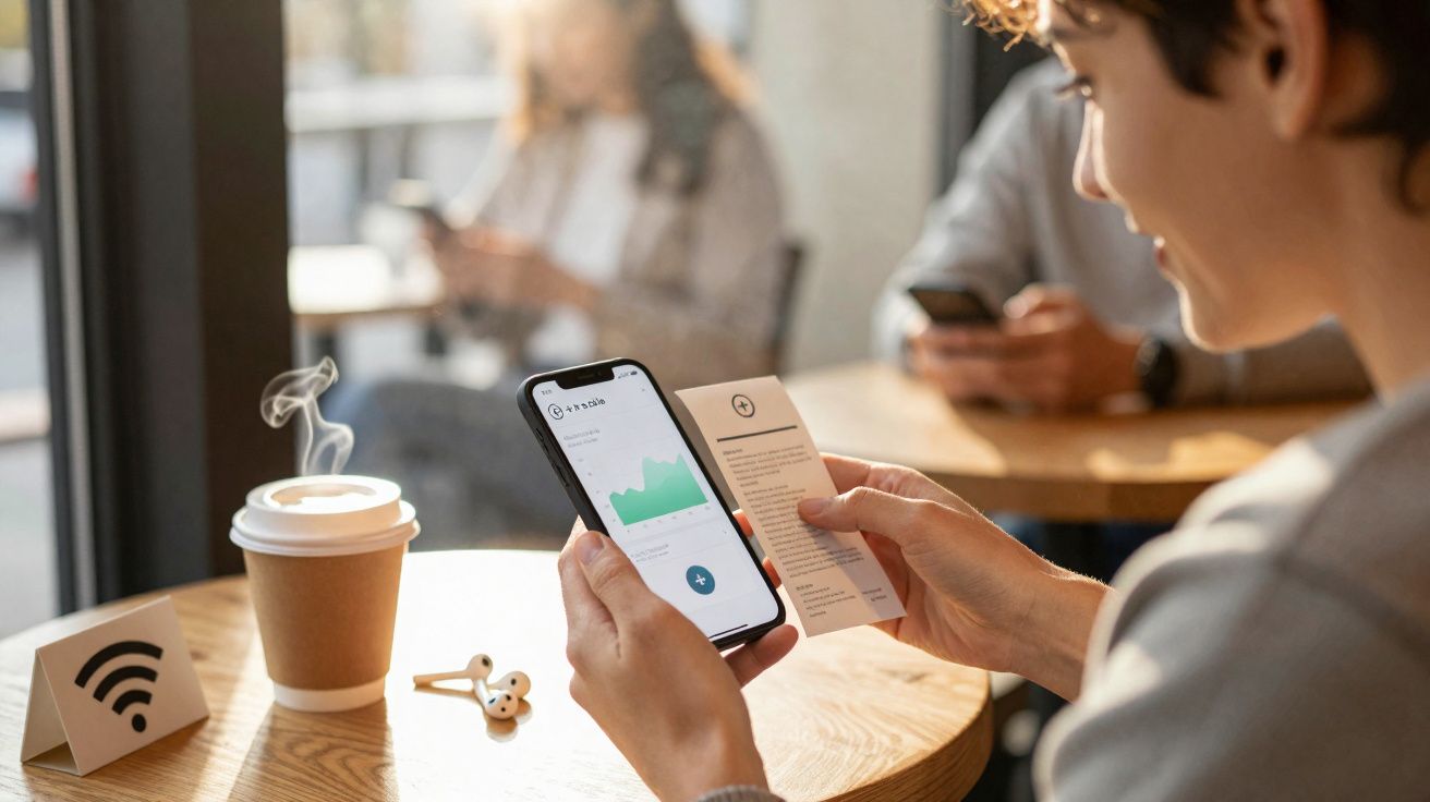 Pessoa a analisar gráficos no telemóvel enquanto lê um papel num café com Wi-Fi disponível e café quente na mesa.