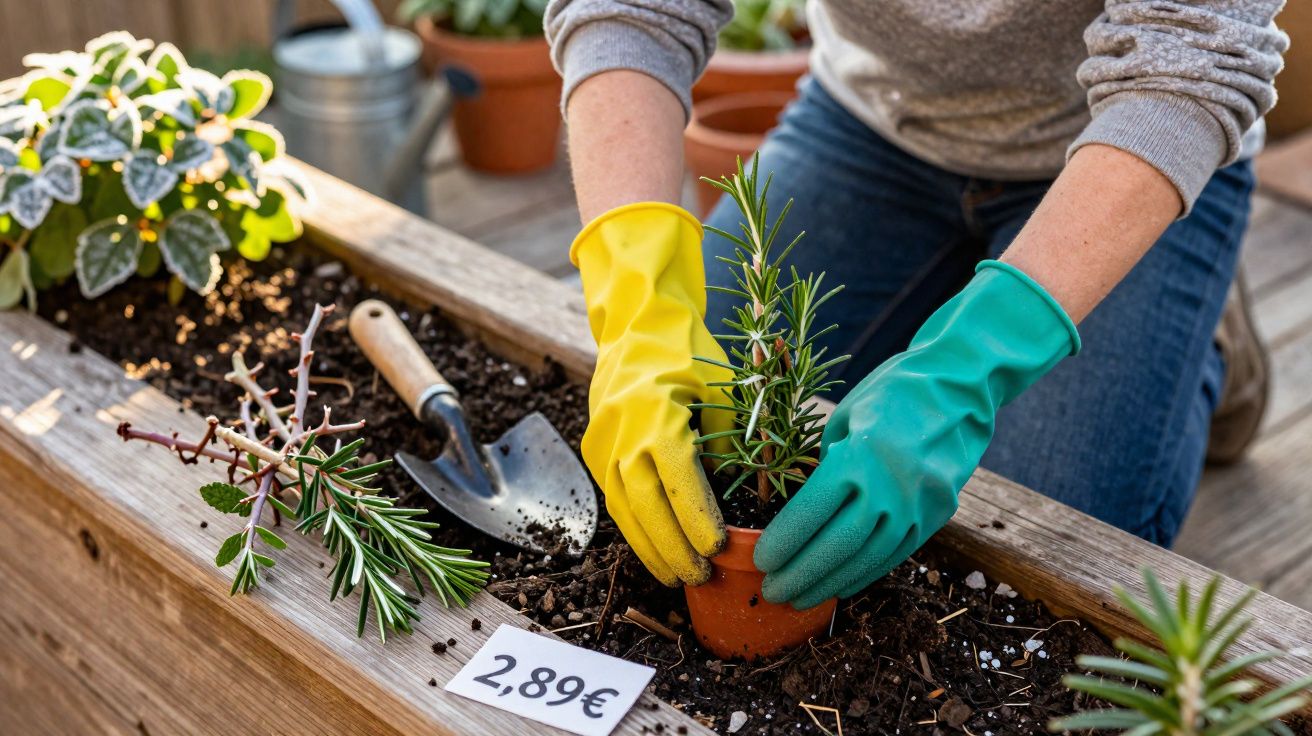 Pessoa a plantar ervas aromáticas em vaso de barro numa horta urbana com luvas de jardinagem coloridas.