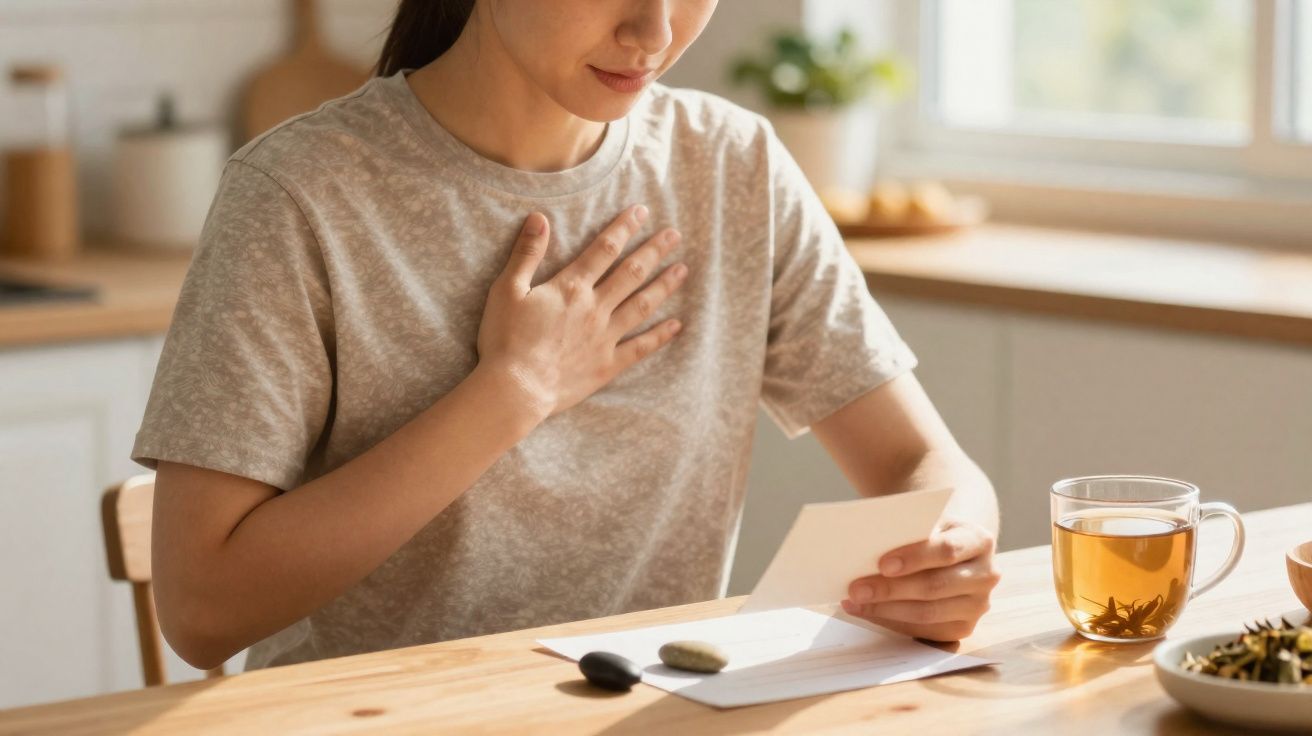 Pessoa sentada à mesa com a mão no peito, olhando para uma carta, com chá ao lado.