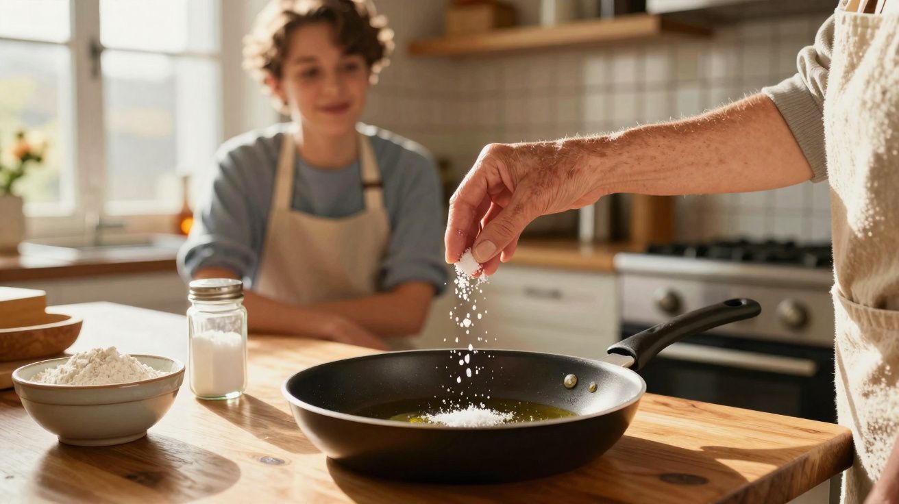 Mão a temperar óleo numa frigideira, criança de avental a observar numa cozinha acolhedora e iluminada.