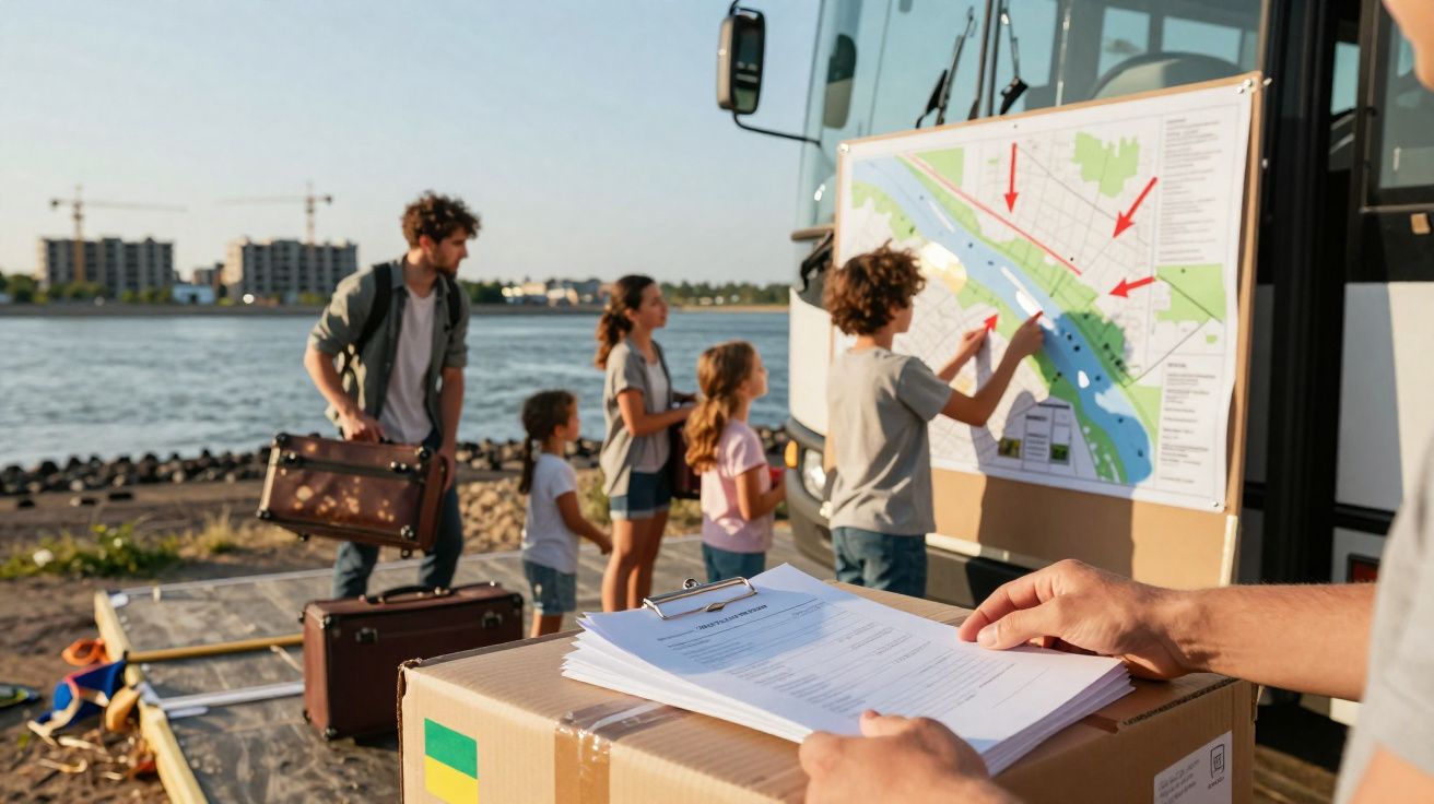 Pessoa aponta para mapa num autocarro, com família a observar junto à margem de rio, malas e caixas carregadas.