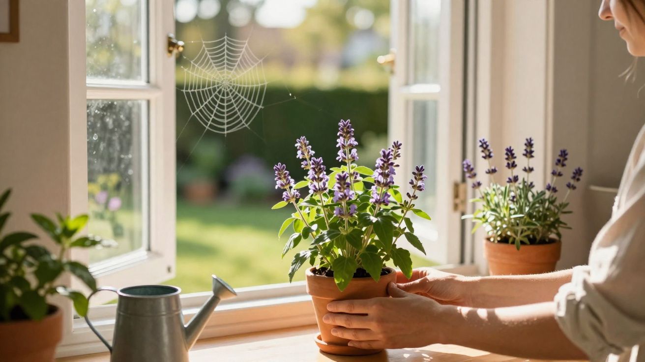 Pessoa a cuidar de planta em vaso perto de janela aberta com aranhaça visível no vidro.