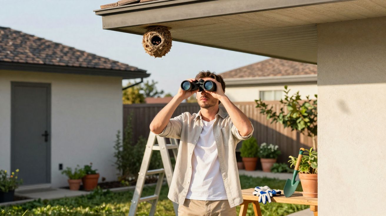 Homem observa ninho suspenso sob beiral de casa com binóculos num jardim doméstico.