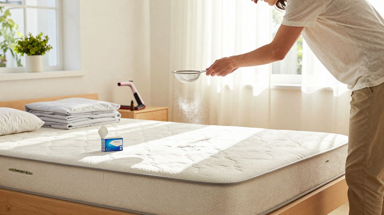 Pessoa de pé polvilhando pó sobre um colchão numa cama em quarto iluminado e arrumado.