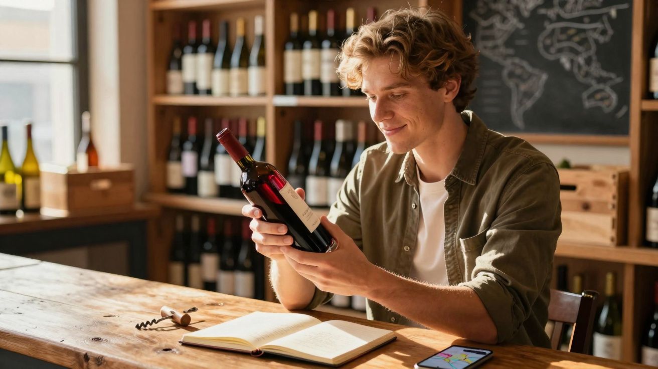 Homem jovem a examinar uma garrafa de vinho num ambiente de loja com prateleiras cheias ao fundo.