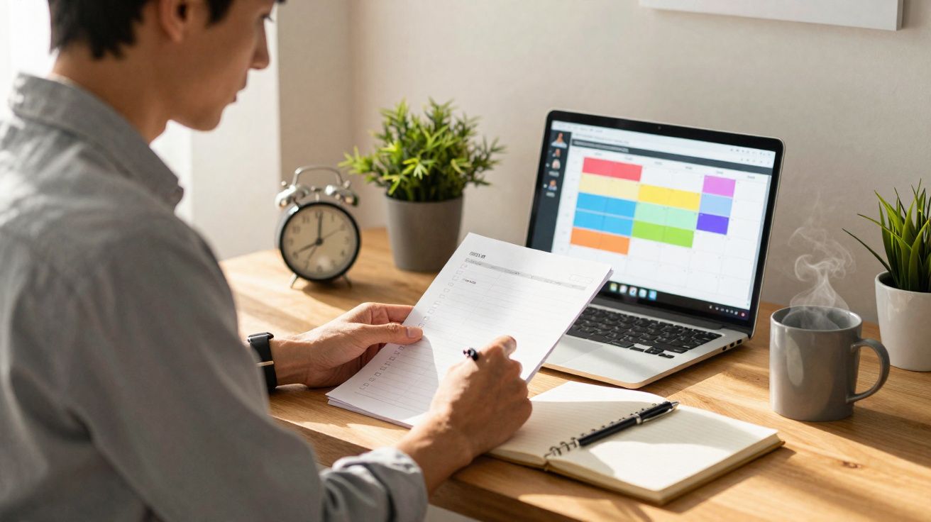 Pessoa a planear agenda com laptop, bloco de notas e chá fumegante numa secretária.