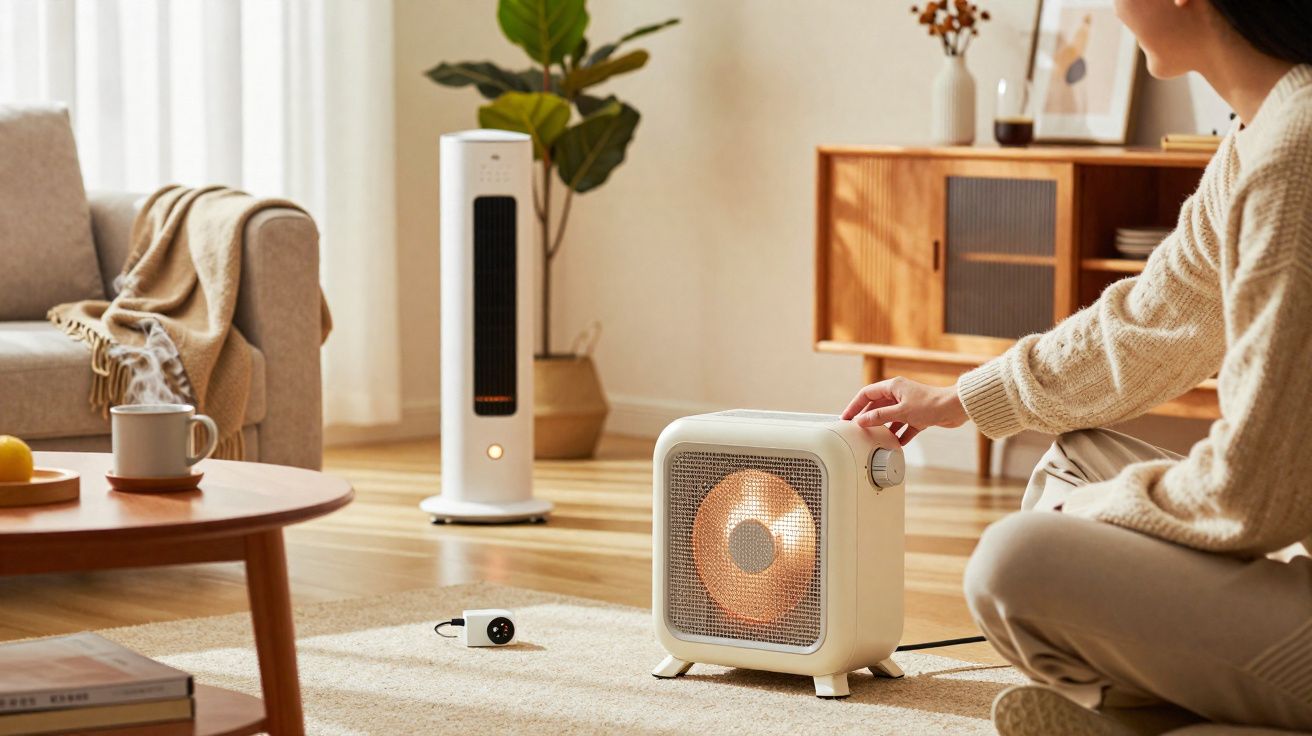 Pessoa ajusta aquecedor portátil numa sala moderna com sofá, mesa e plantas.