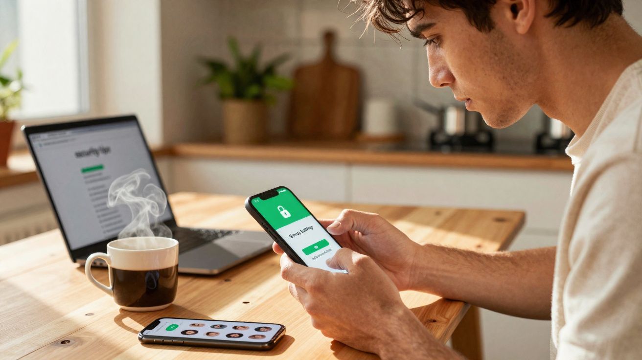 Homem a usar telemóvel com aplicação de login, com computador e chá quente numa mesa de madeira.