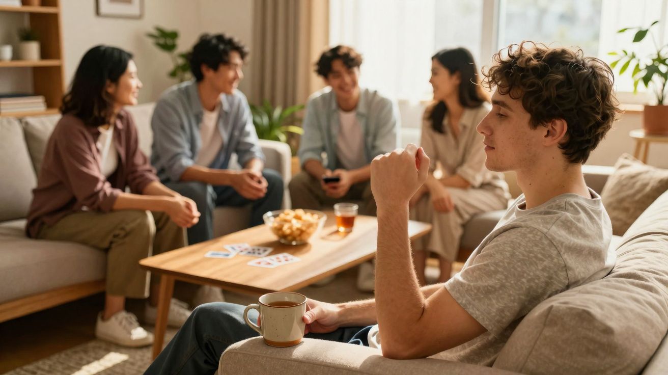 Jovem sentado a beber chá enquanto outros quatro amigos conversam e jogam cartas numa sala acolhedora.