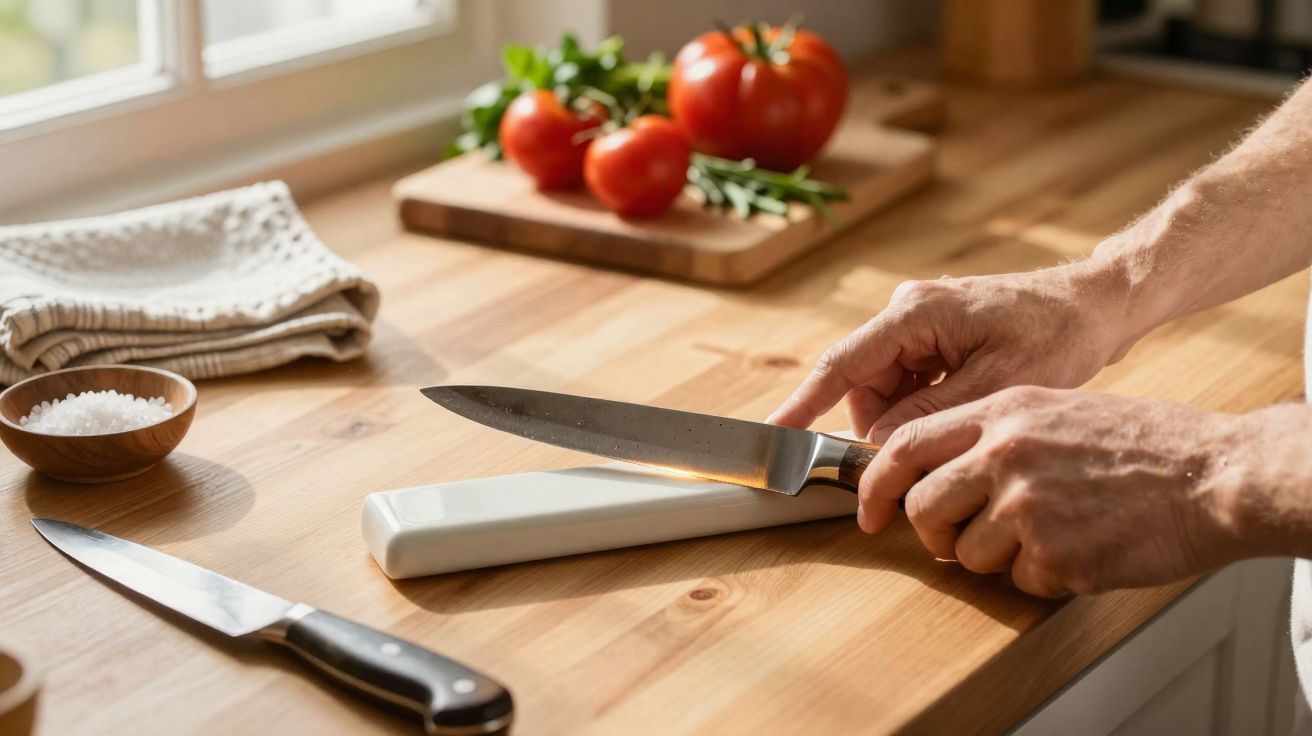 Mãos a afiar uma faca numa pedra de amolar numa cozinha com tomate e sal numa bancada de madeira.