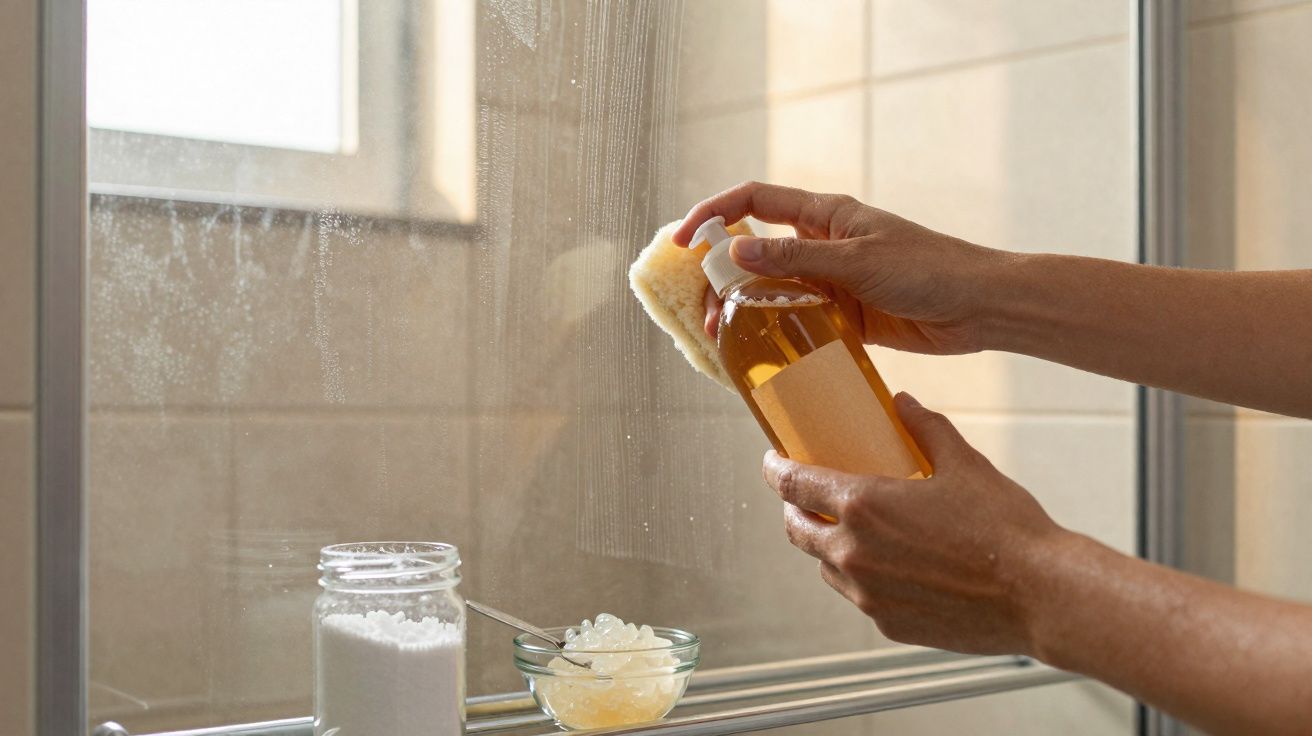 Mãos a limpar um espelho com esponja e detergente líquido, ao lado de frasco e recipiente com produtos de limpeza.