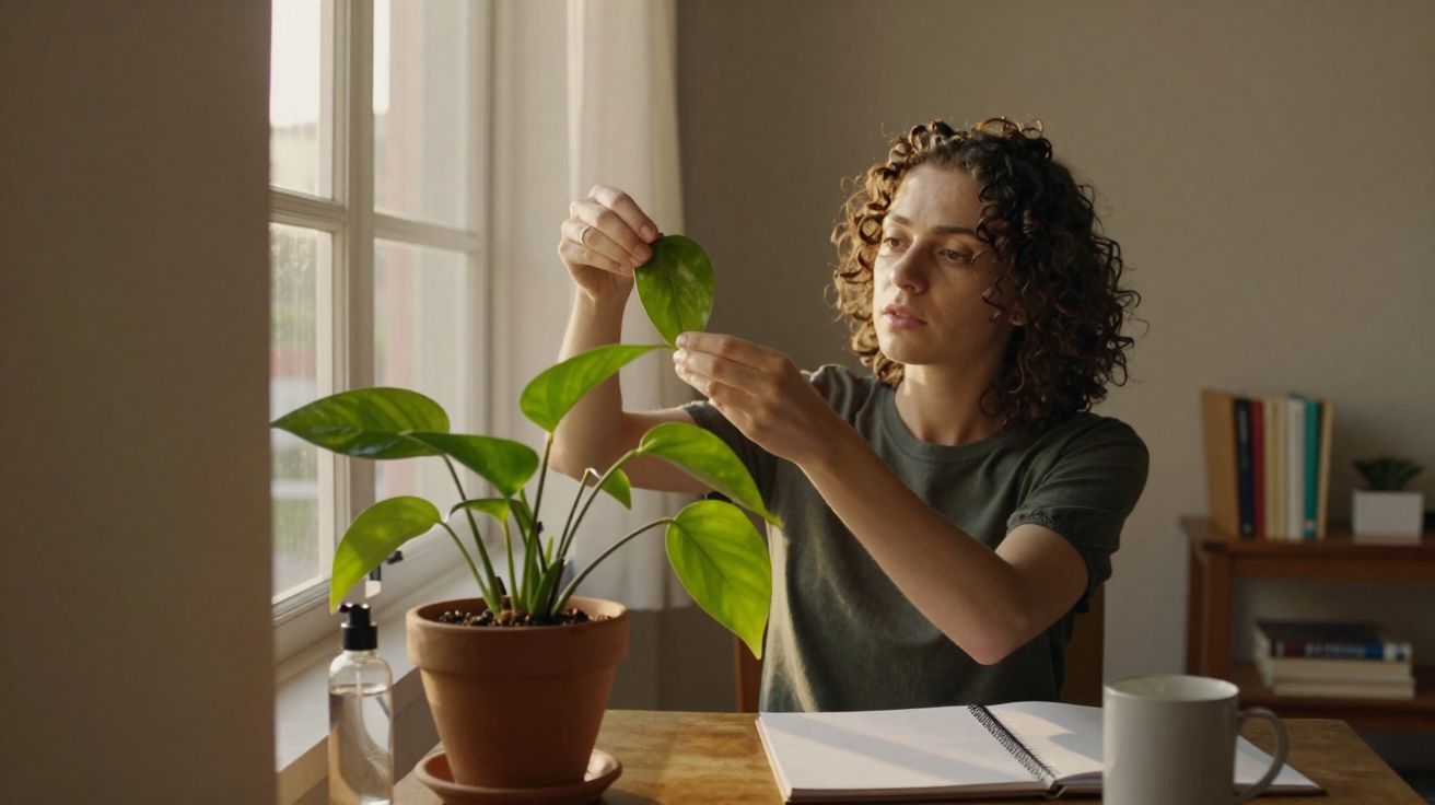 Mulher a cuidar de planta verde numa jarra junto à janela, com caderno aberto na mesa.