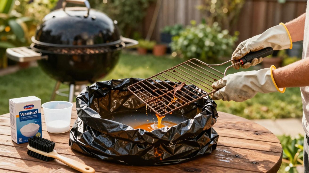 Pessoa a limpar grelha de barbecue com escova e lixívia num jardim, perto de churrasqueira preta redonda.
