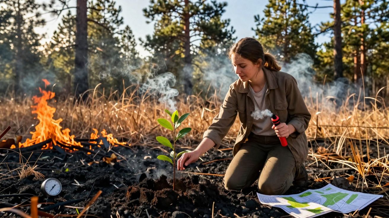 Mulher planta árvore jovem num solo queimado perto de fogo controlado numa floresta seca.