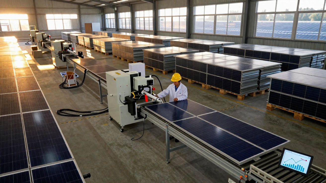 Trabalhador com capacete a inspecionar painéis solares numa fábrica ampla e bem iluminada.