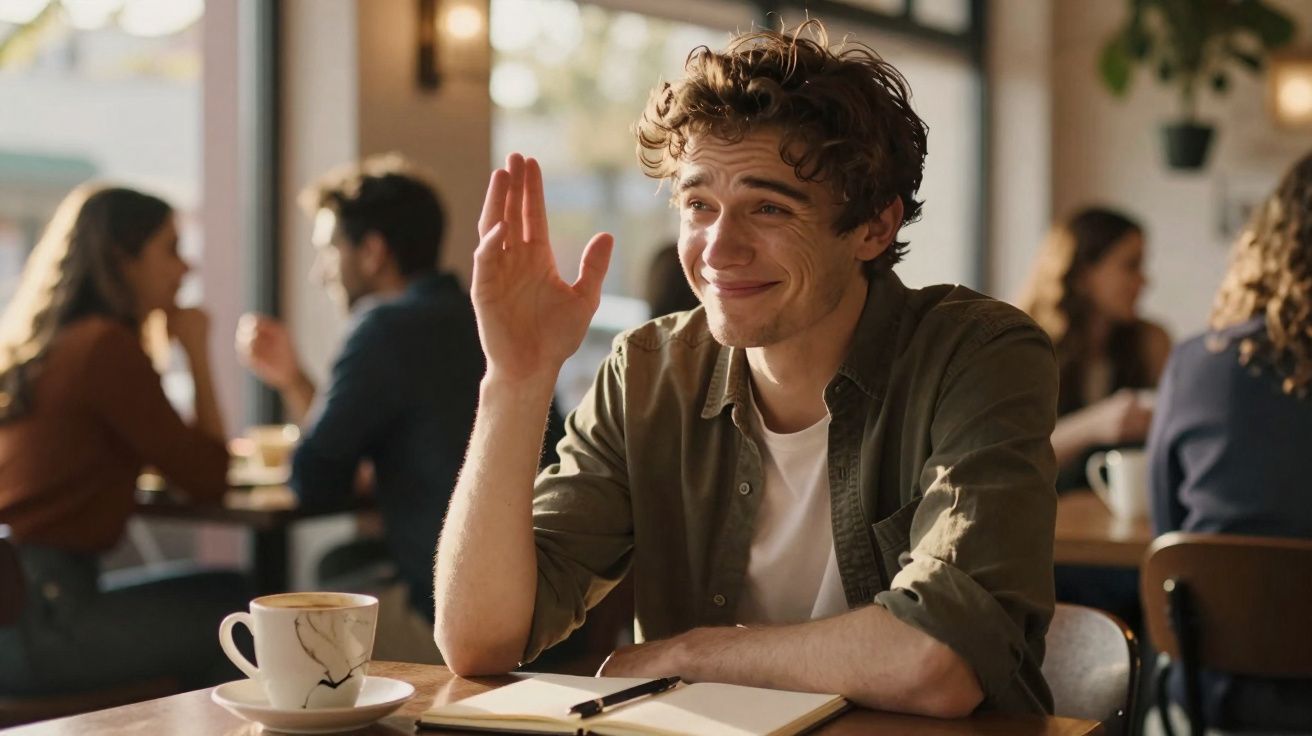 Jovem sorridente a levantar a mão numa mesa com caderno e chá numa cafeteria com pessoas ao fundo.