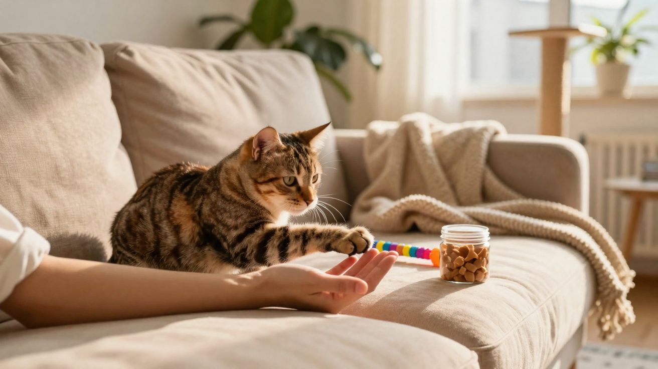 Gato tigrado a tocar a mão de uma pessoa num sofá bege com petiscos ao lado.