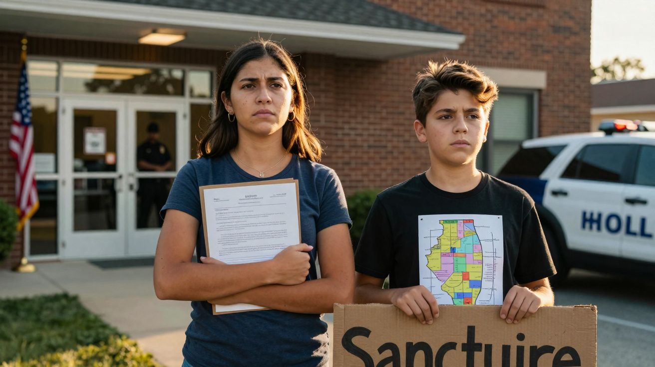 Duas pessoas com ar sério seguram documentos e um cartaz com mapa e a palavra "Sanctuary" em frente a prédio e viatura polici