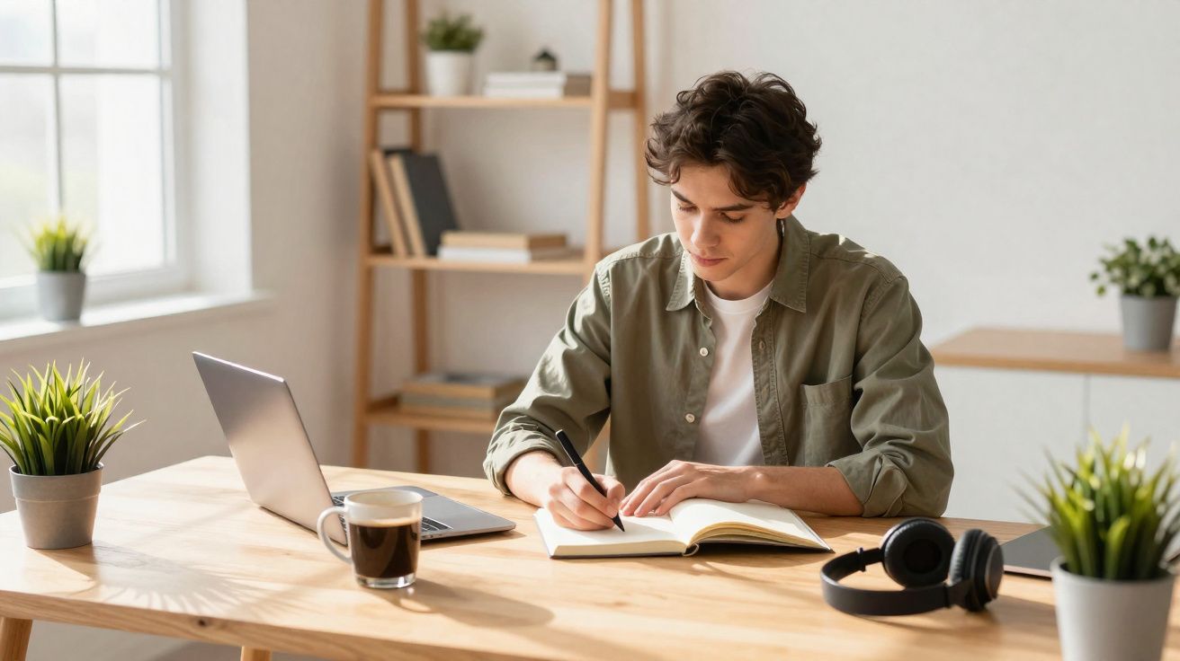 Jovem a escrever num caderno com portátil, auriculares e chá numa mesa de madeira num escritório luminoso.
