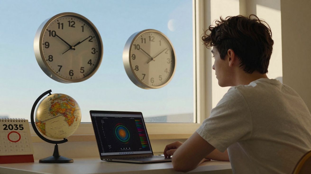 Jovem sentado numa secretária a olhar para um computador portátil, com globo, calendário e relógios na parede.