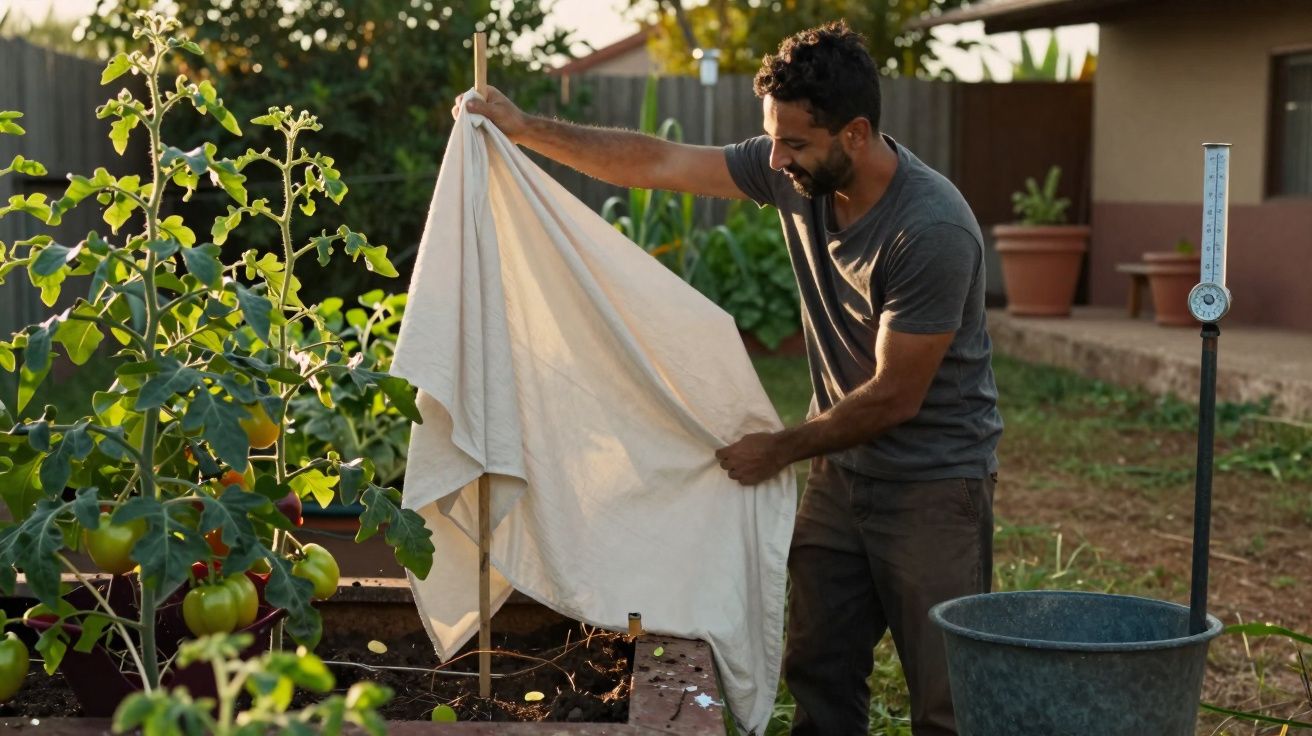 Homem a cobrir planta de tomateira com tecido branco num jardim caseiro ao fim da tarde.
