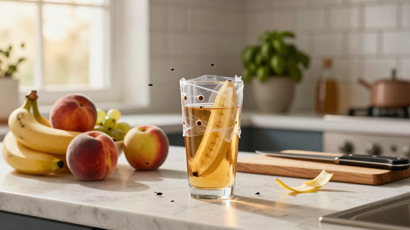 Fruta madura na cozinha com copo com líquido e banana protegida por rede com moscas em cima da bancada.