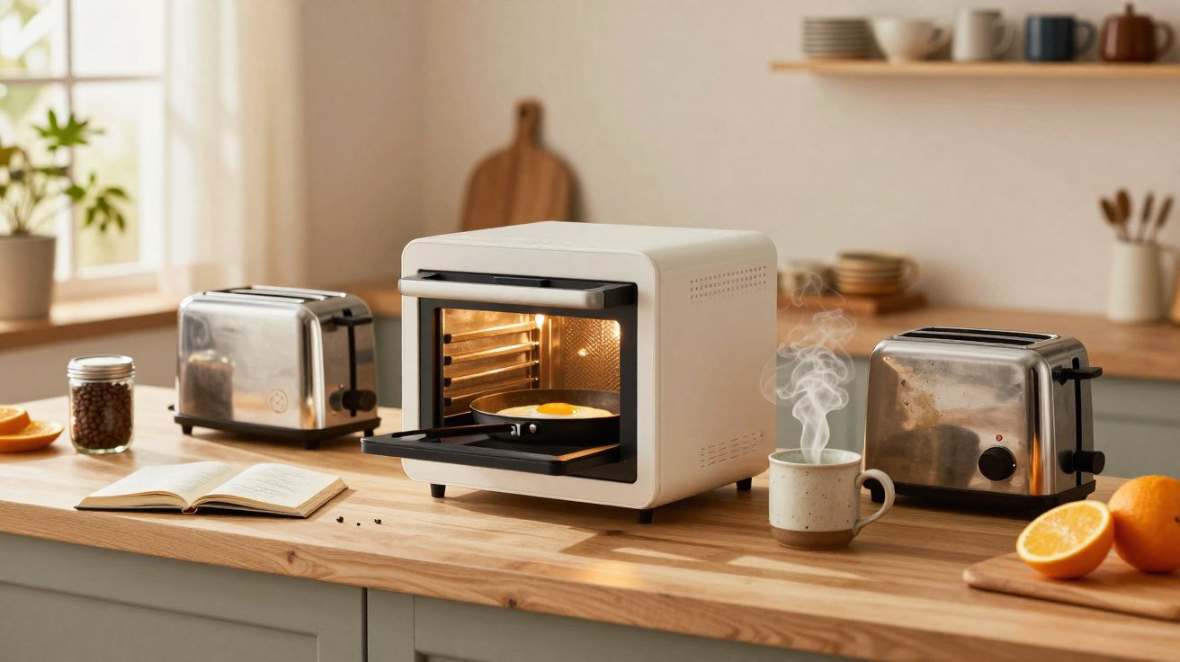 Pequeno forno branco a cozinhar um ovo estrelado numa cozinha com torradeiras, chávena fumegante e fruta fresca.