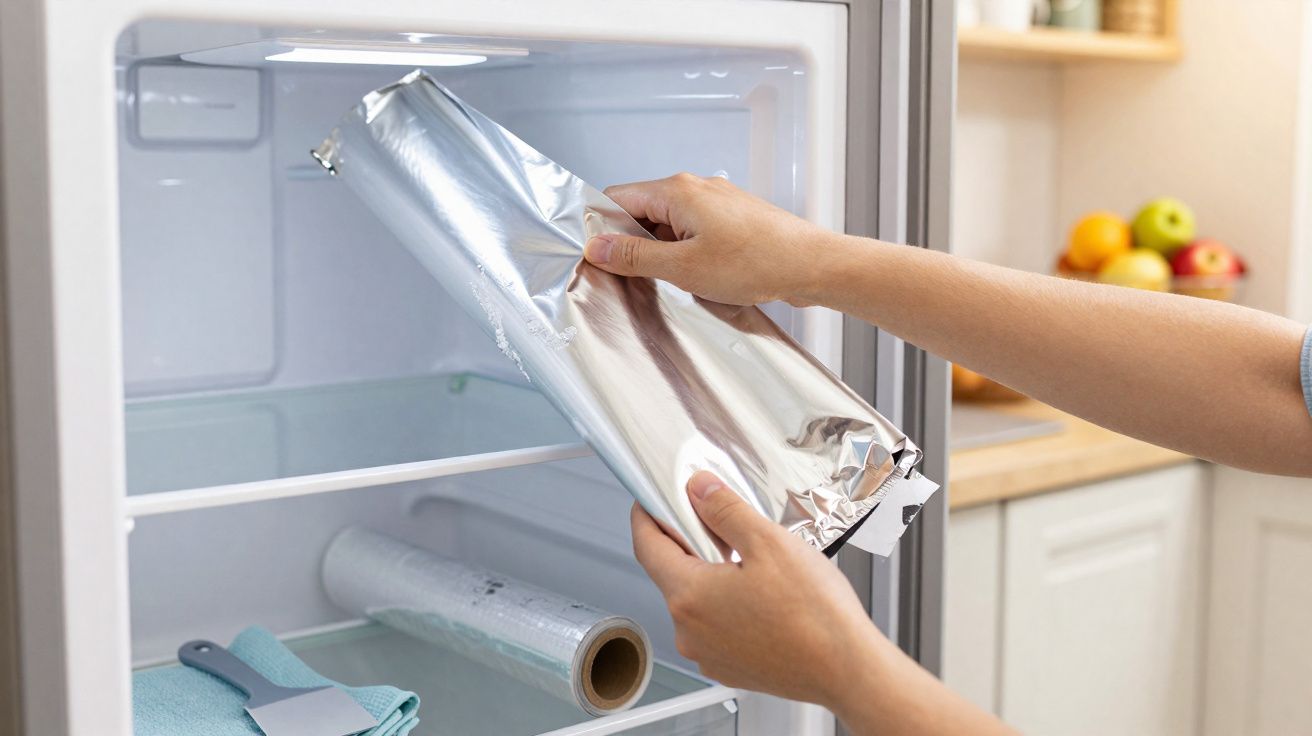 Pessoa a colocar papel de alumínio no interior de um frigorífico vazio numa cozinha moderna.