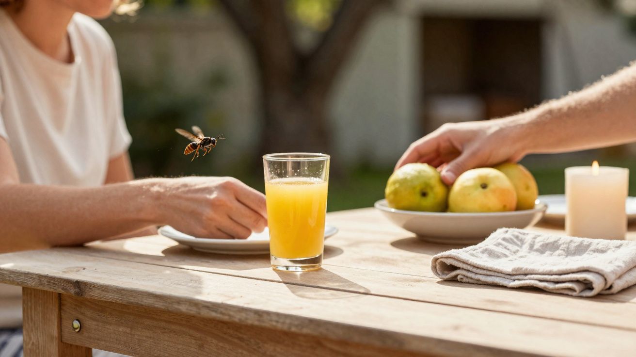 Vespa voando perto de um copo de sumo de laranja numa mesa de madeira com frutas e mãos ao redor.