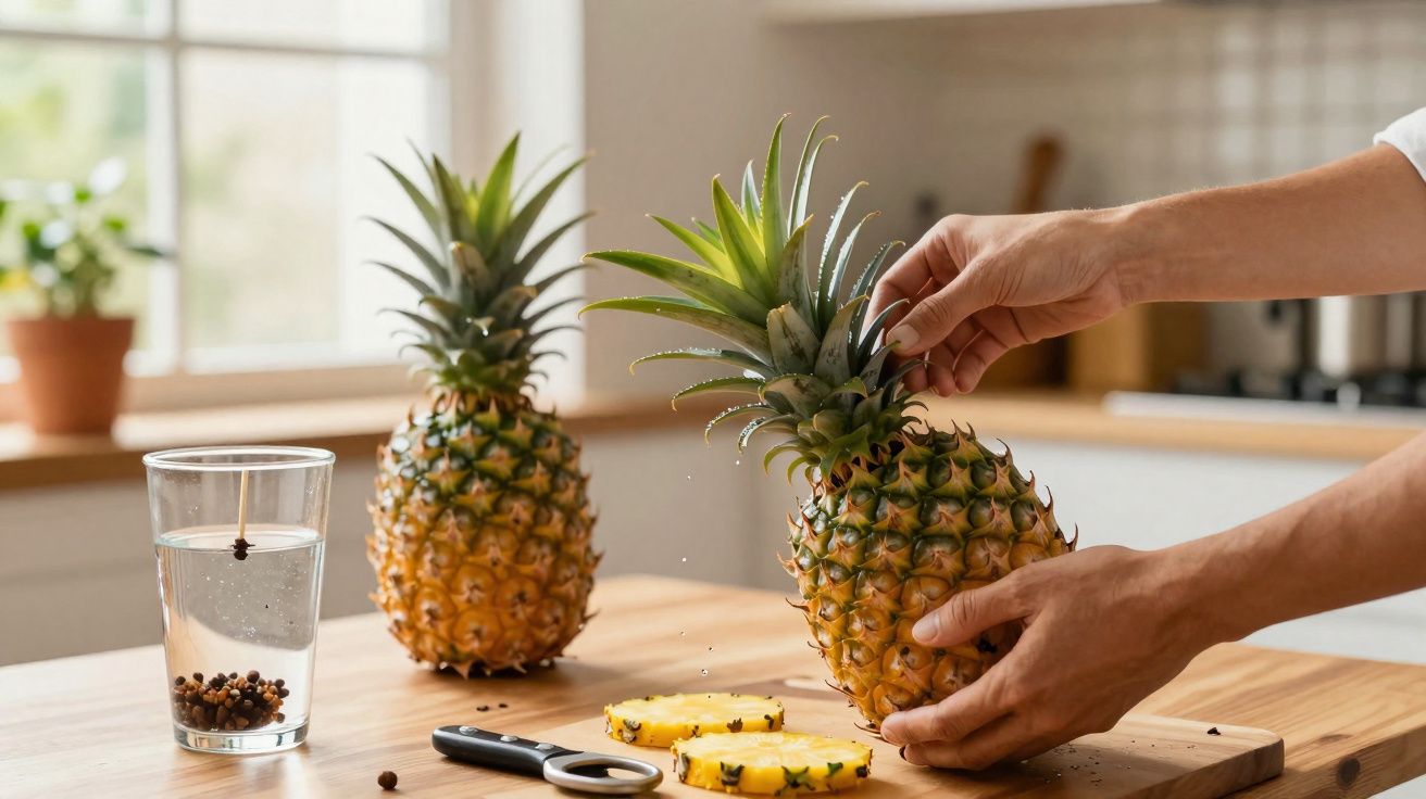 Mãos a preparar ananás numa cozinha com outro ananás, fatias e copo com especiarias na bancada de madeira.