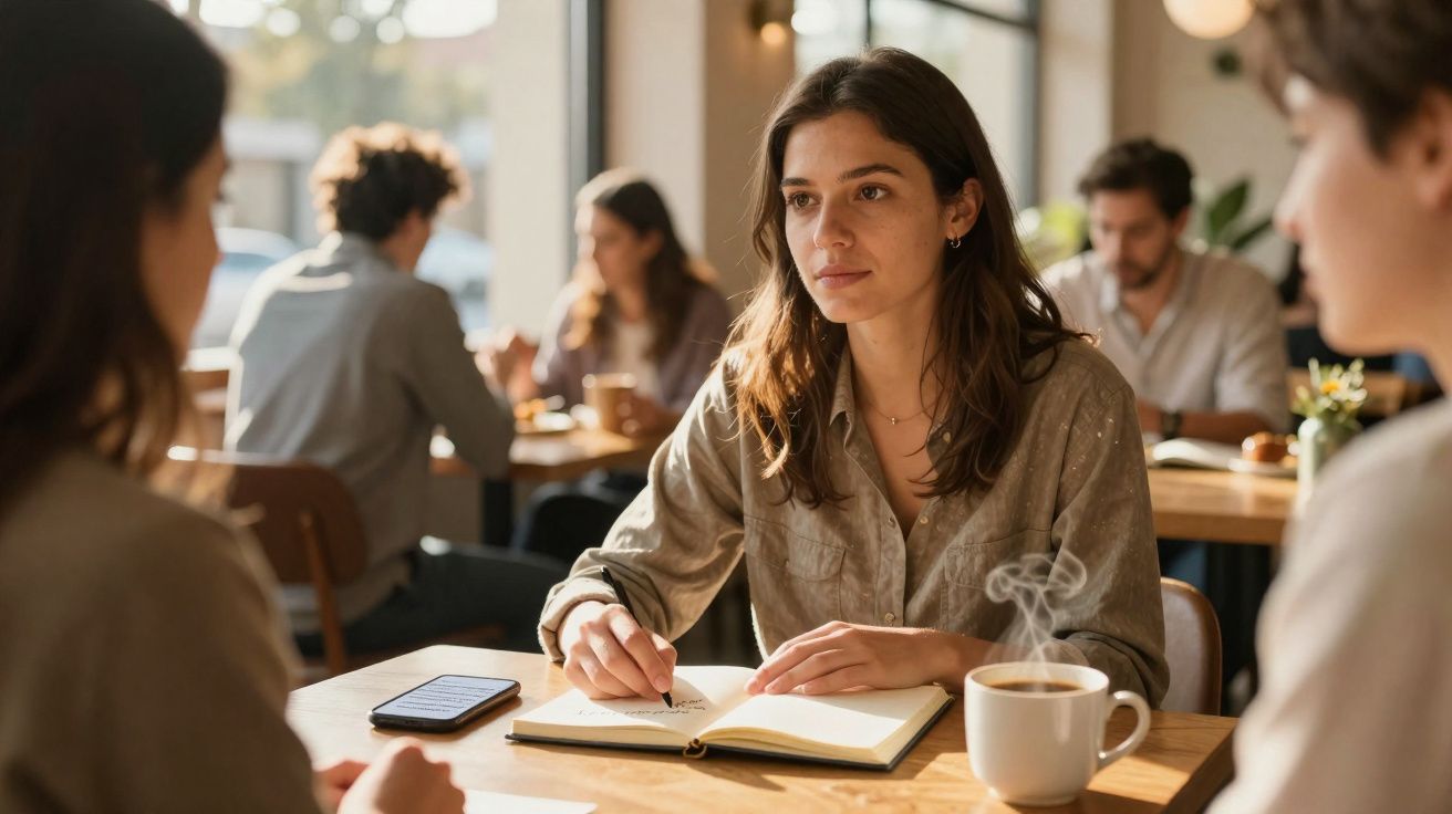 Mulher a escrever num caderno enquanto conversa com outras pessoas numa cafetaria iluminada.