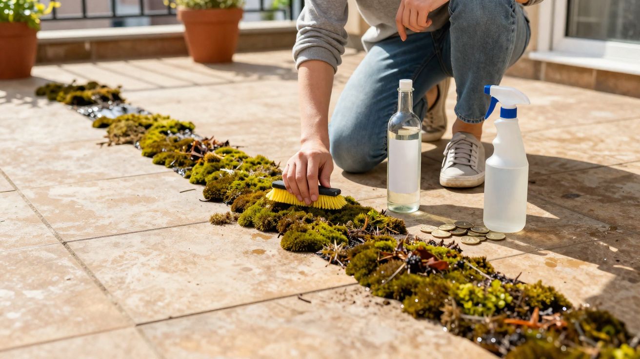 Pessoa a limpar musgo entre os azulejos de um terraço usando escova, spray e garrafa de limpeza.
