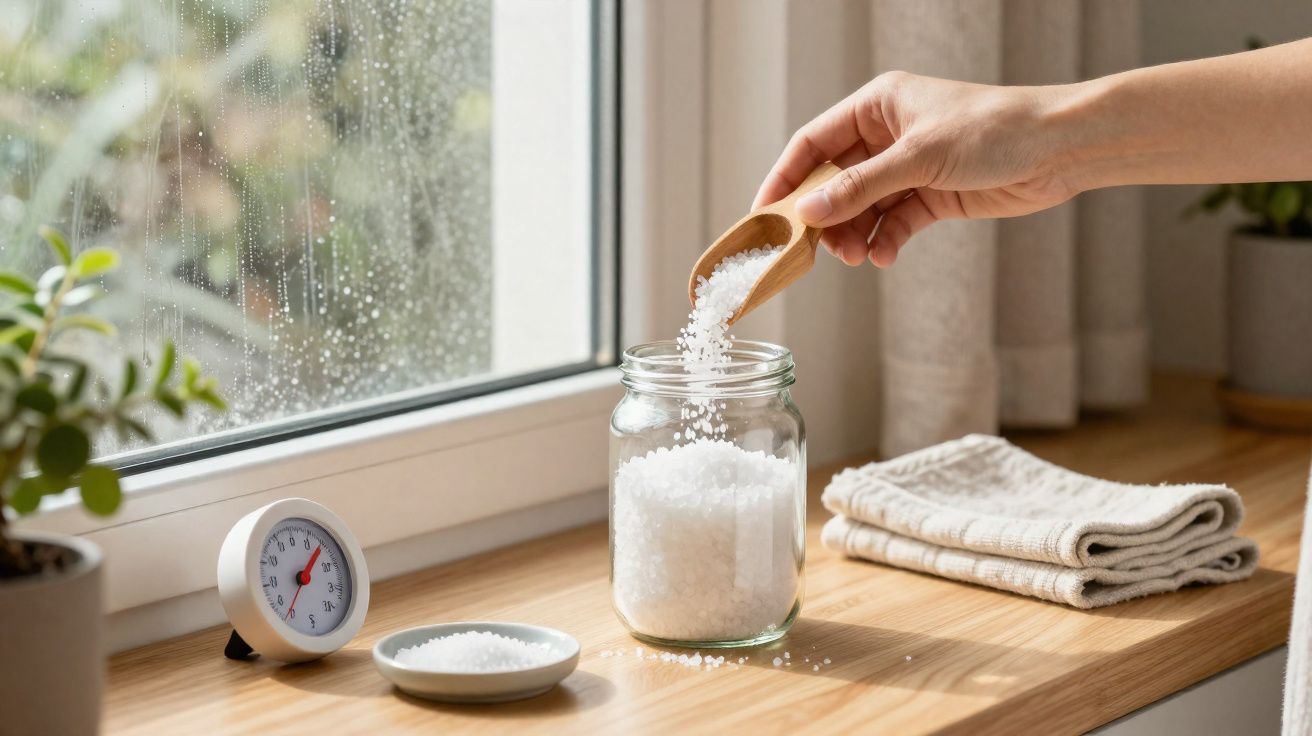 Mão a colocar sais de banho num frasco de vidro sobre uma mesa junto a uma janela com gotas de água.