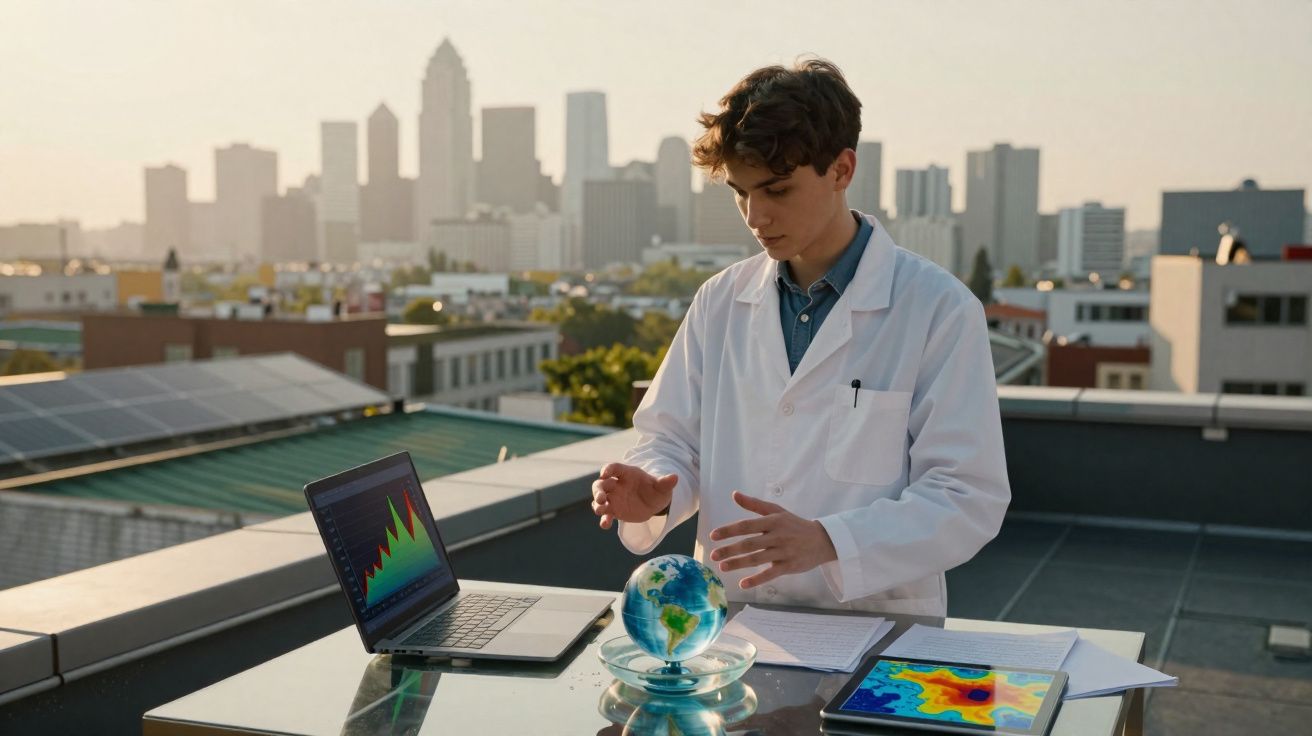 Jovem cientista em bata branca estuda gráficos e modelo do planeta Terra numa mesa ao ar livre na cidade.