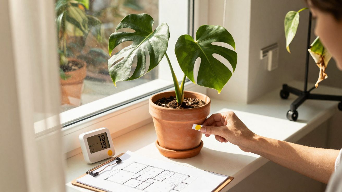 Pessoa a regar planta Monstera em vaso de barro junto a janela com prancheta e termómetro digital.
