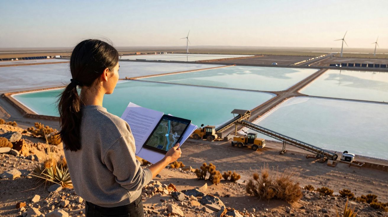 Mulher a observar lagoas de evaporação eólicas numa área árida, com tablet e documentos na mão.