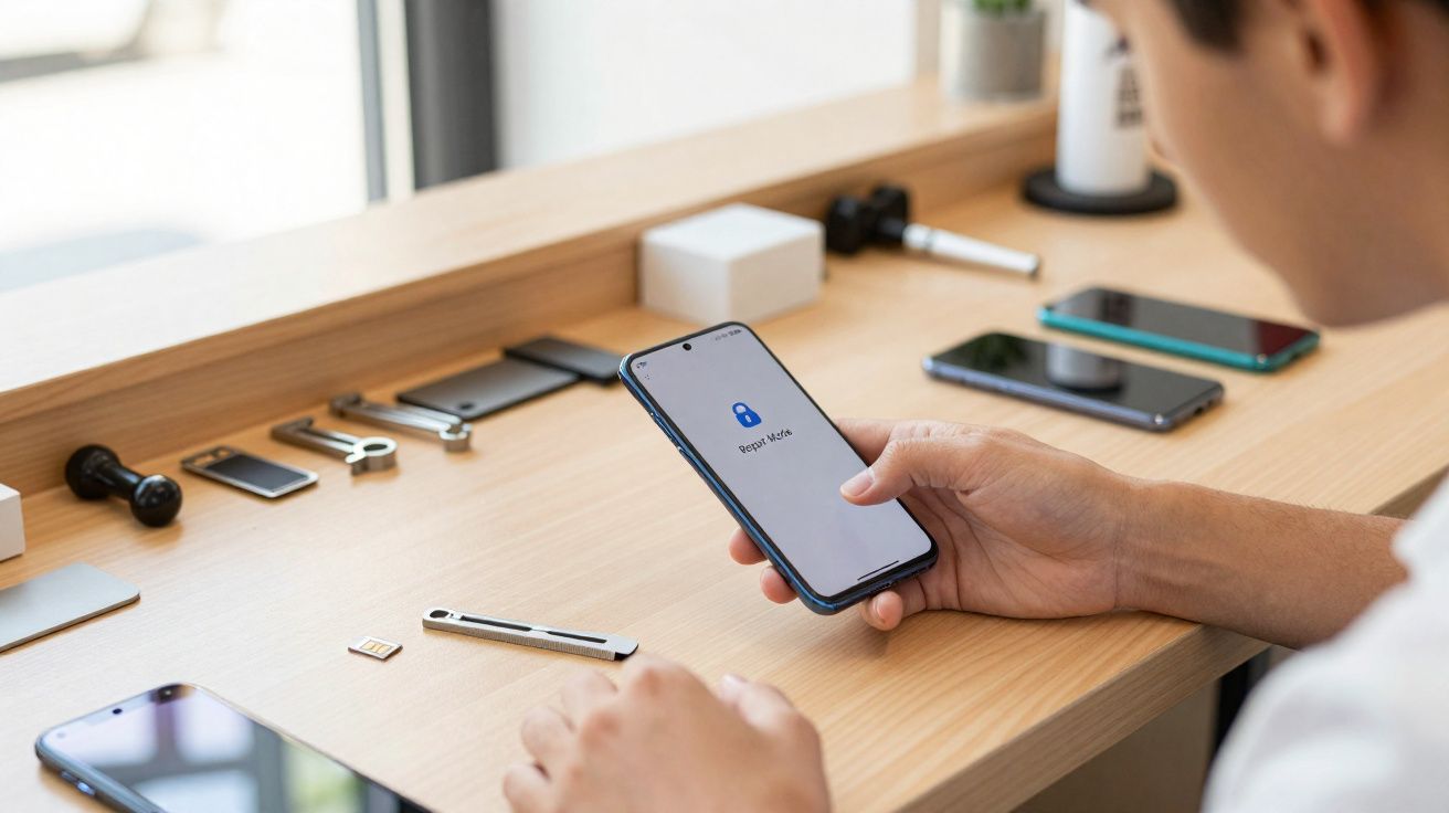 Pessoa a segurar um smartphone com ecrã a mostrar "Repair Mode", rodeada de ferramentas e componentes electrónicos numa mesa.