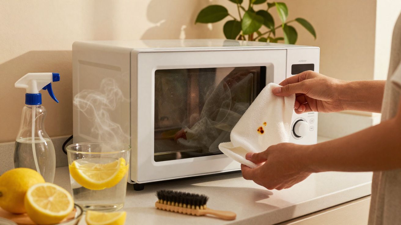 Mãos a limpar manchas queimadas de um pano branco junto a um micro-ondas branco numa bancada de cozinha.