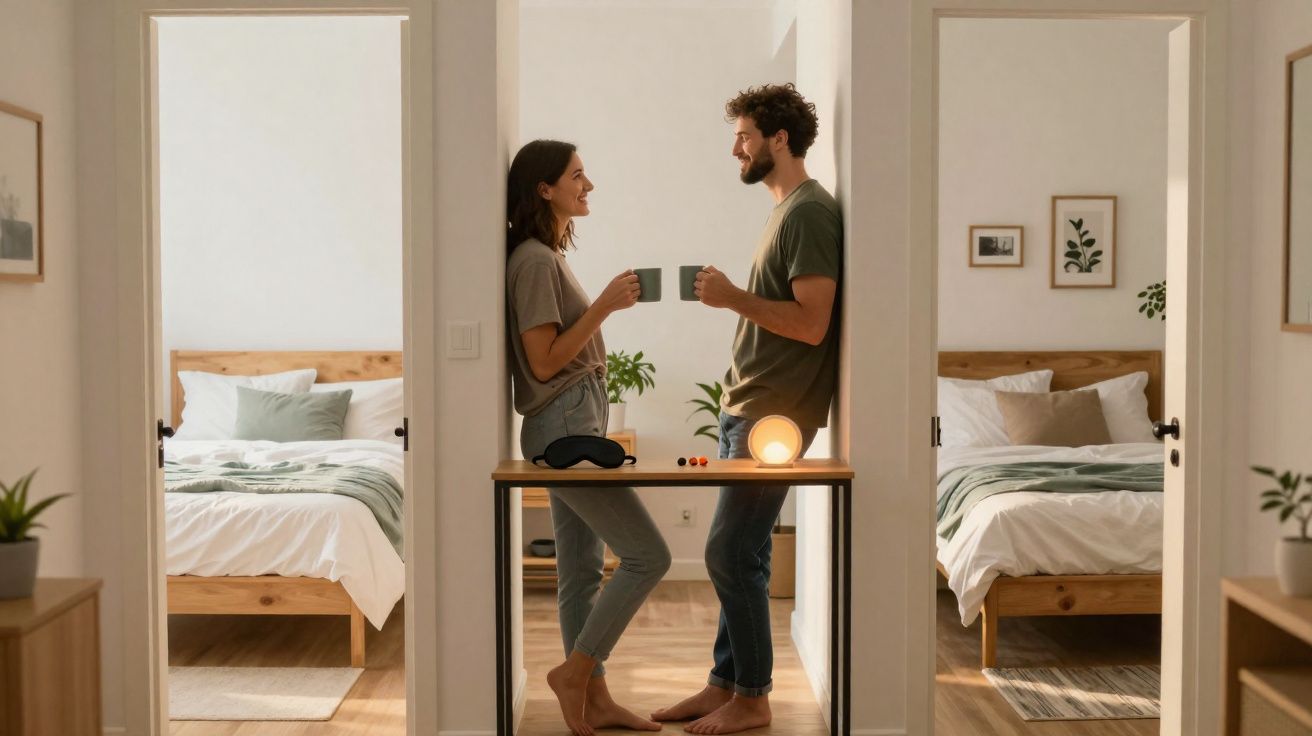 Casal jovem de pé a conversar e beber chá numa divisão entre dois quartos com camas arrumadas.