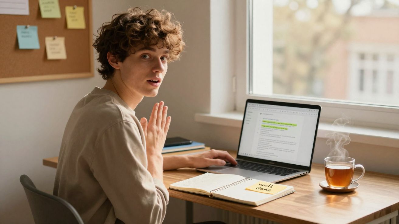 Jovem sentado numa secretária a utilizar um computador portátil, com chá quente e caderno aberto à frente.